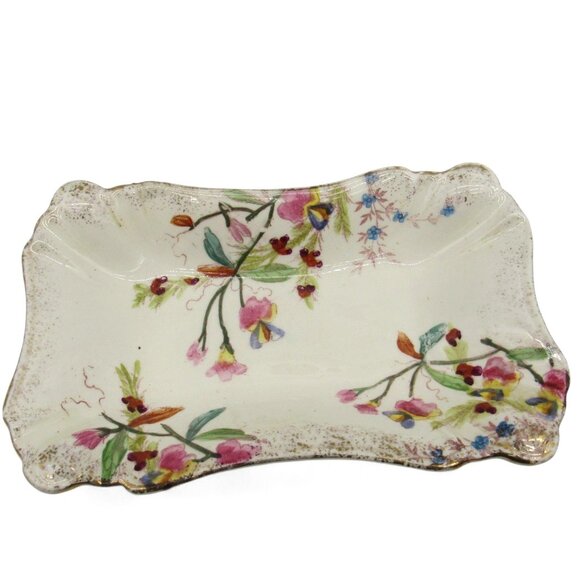 Ceramic Trinket Decorative Dresser Tray Hand-Painted Floral Scalloped Edge Vinta - Picture 1 of 11